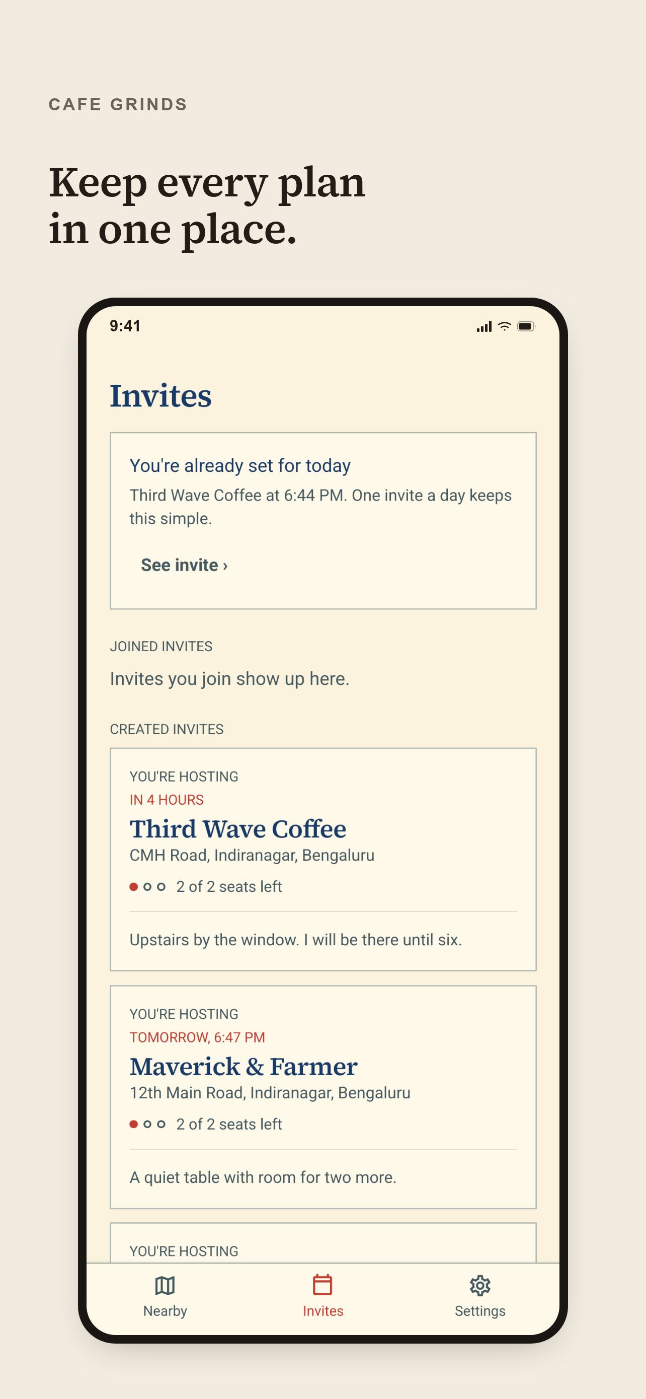 Cafe Grinds Invites screen showing upcoming coworking plans
