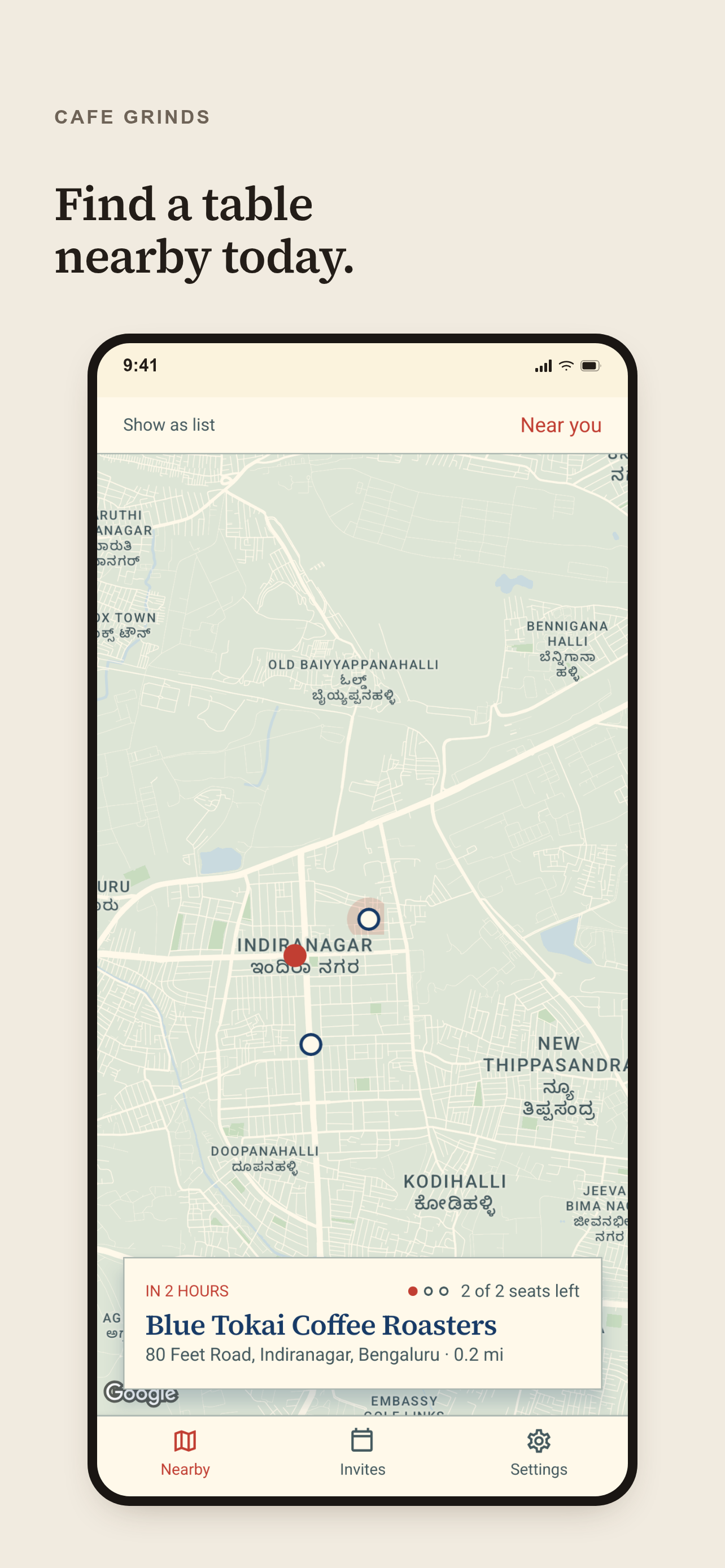 Cafe Grinds Nearby screen showing coworking invitations on a map