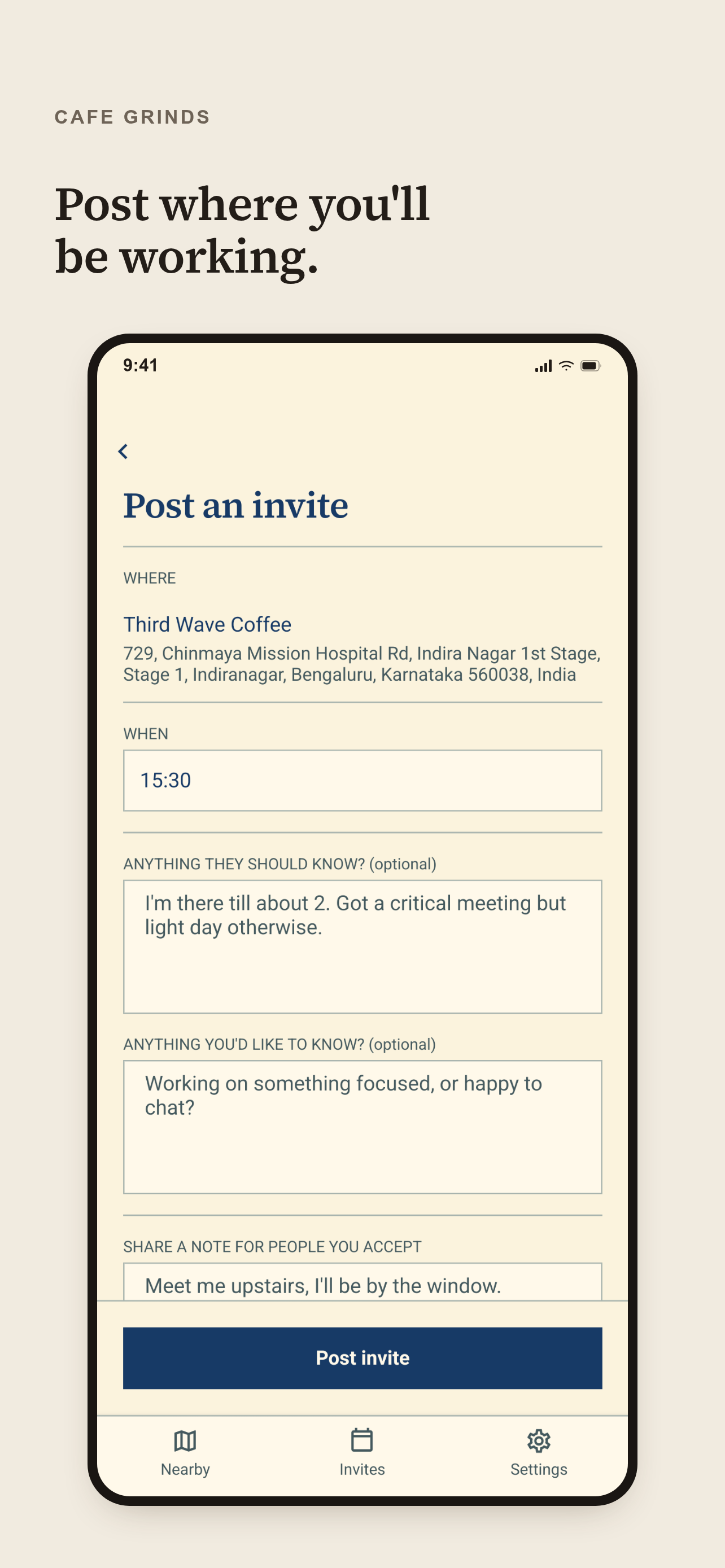 Cafe Grinds Post invite screen for choosing a public place and time
