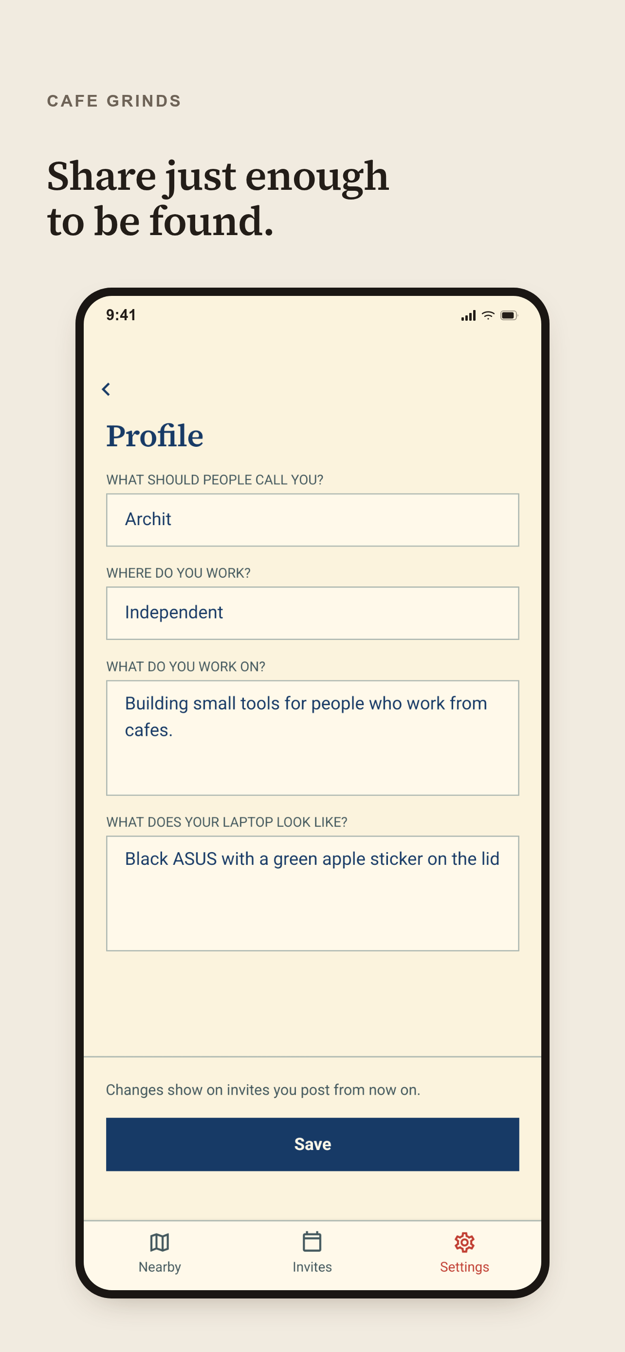 Cafe Grinds Profile screen showing the details shared with coworkers
